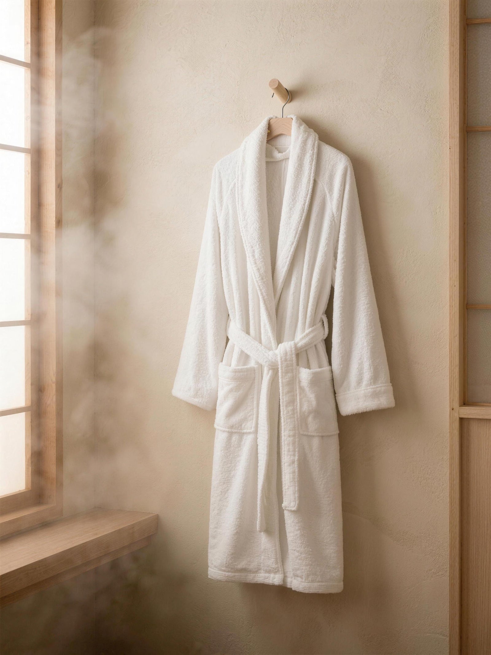White plush robe hanging on a peg in a Japanese bathhouse