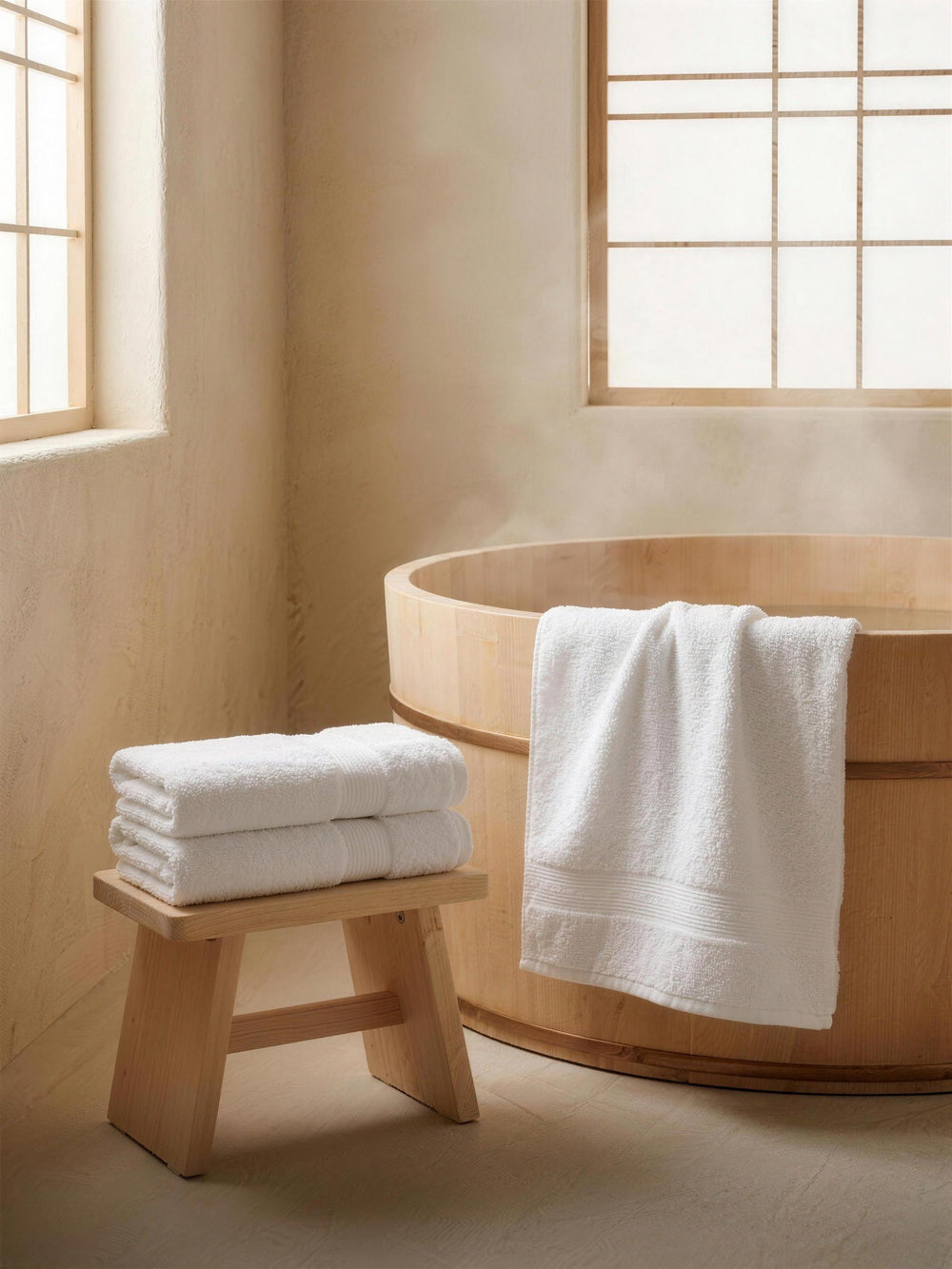 White Spa-Soft towels on a stool beside a round hinoki tub