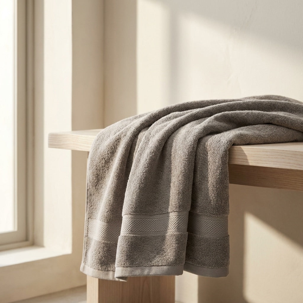 Stone bath towels folded on a shelf