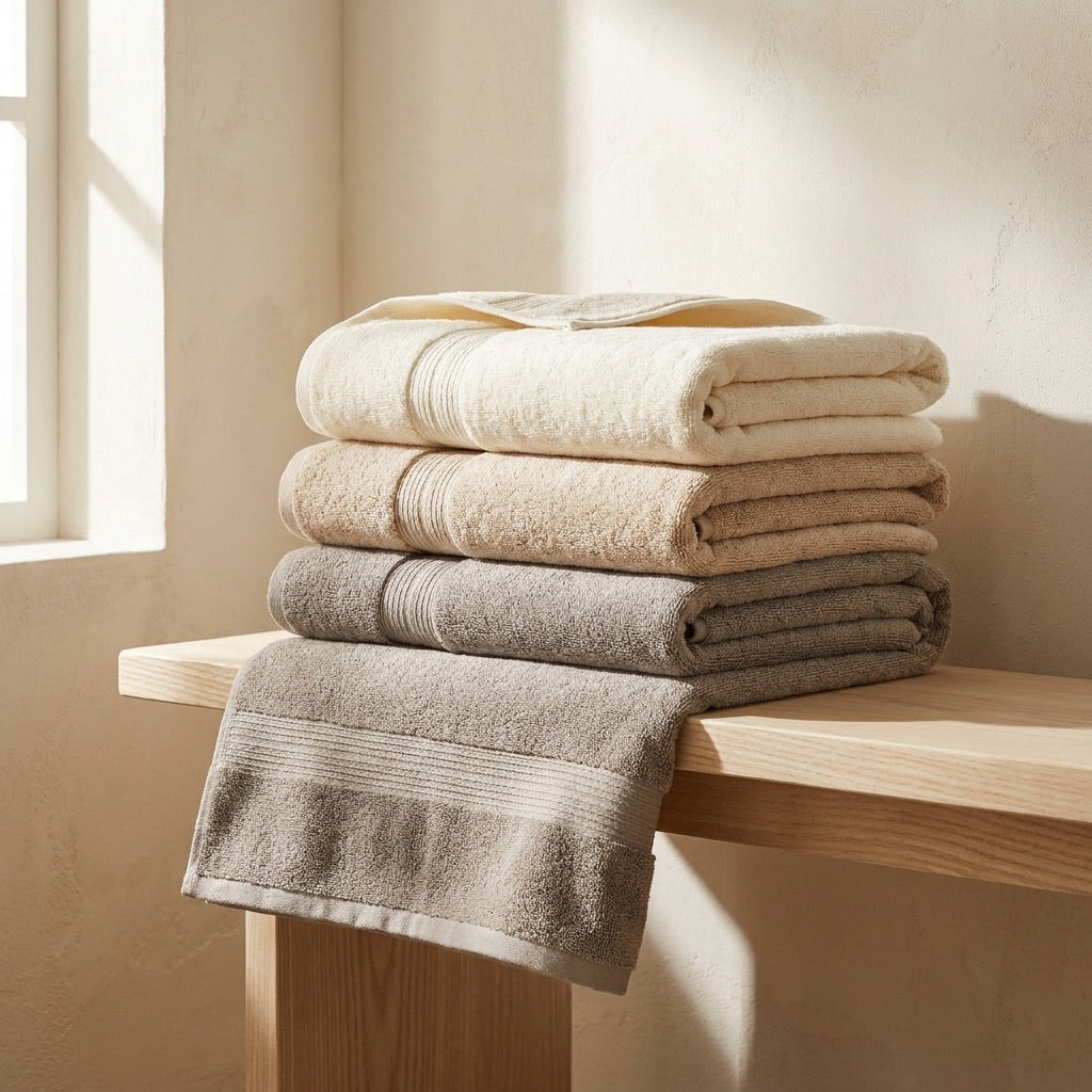 Folded ivory towels on a stone shelf