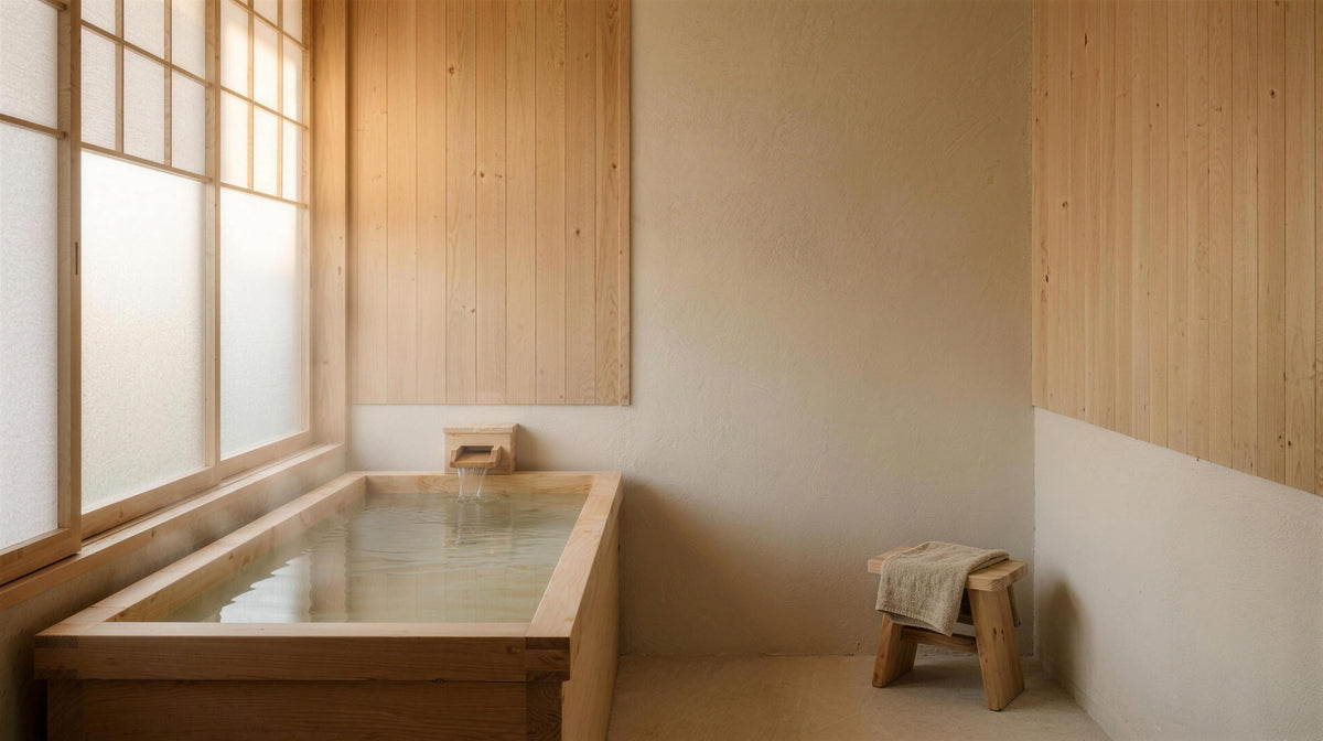 Hinoki wooden soaking tub with steaming water in soft morning light