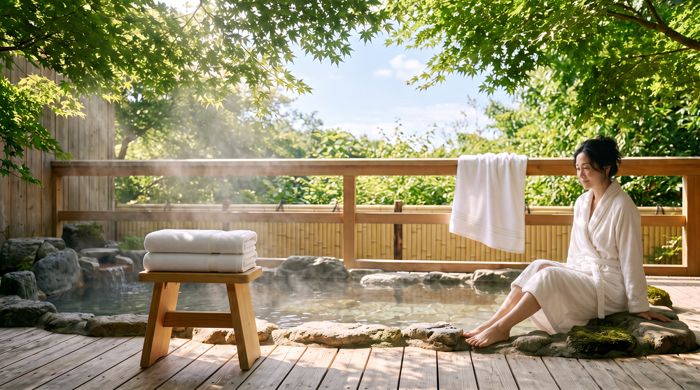 Woman in a sayu robe on the stone rim of a summer onsen