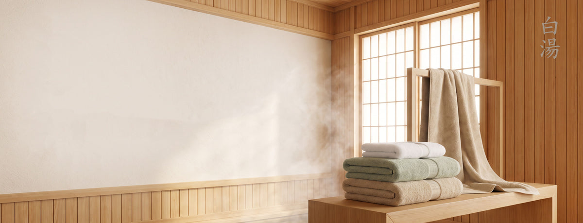 sayu Spa-Soft towels on a hinoki bench in a steamy Japanese bathhouse