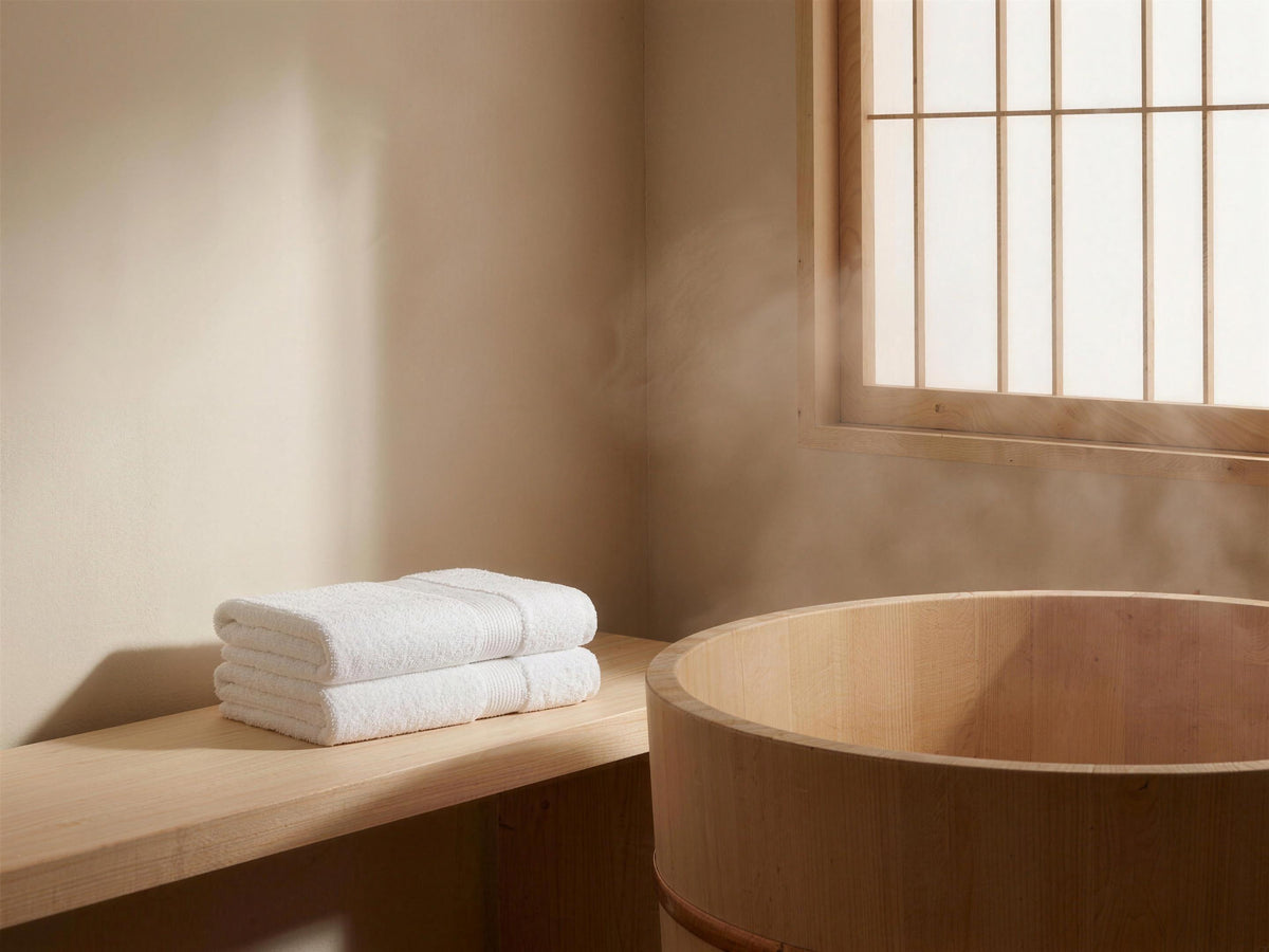 Spa-Soft hand towel pair on a hinoki bench beside a soaking tub